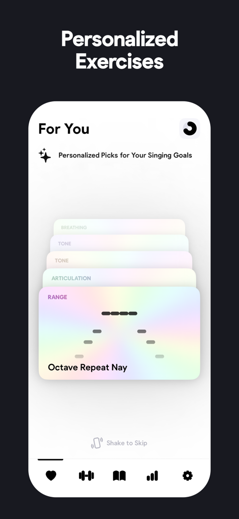 Interface do aplicativo móvel Vocalista mostrando uma pilha de cartões de exercícios de canto personalizados, incluindo tom de respiração e extensão.