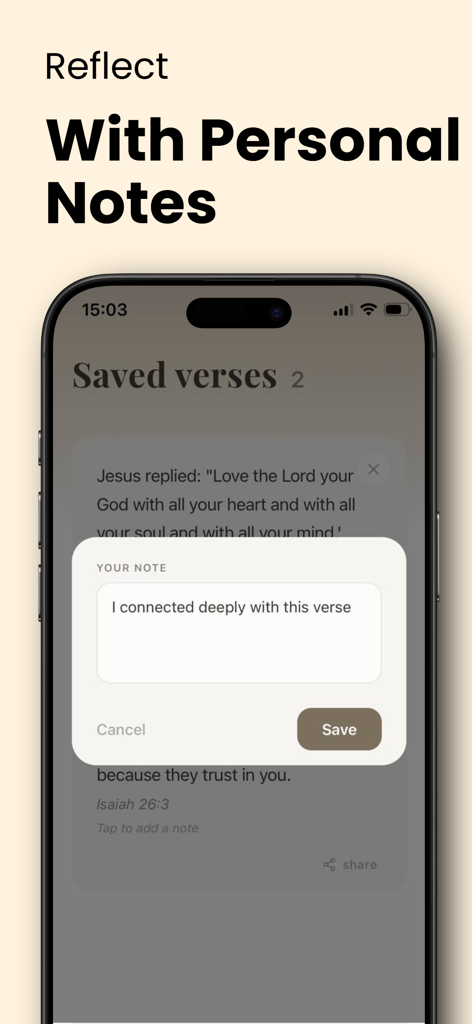 Daily Bible Verse: HolyWord - Una captura de pantalla de la interfaz de la aplicación HolyWord que muestra cómo agregar una nota de reflexión personal a un versículo bíblico diario.