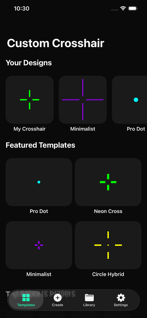 Custom Crosshair Aim - Custom Crosshair Aim app interface showing a selection of crosshair templates and user designs