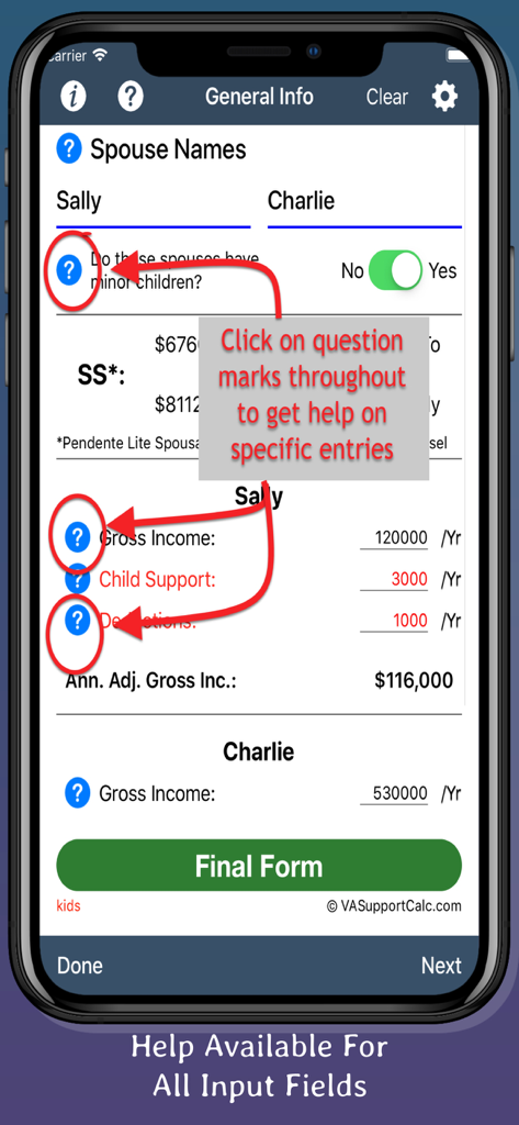 A mobile app interface for calculating Virginia spousal support featuring income input fields and interactive help icons for each section.