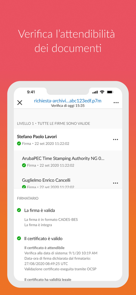 Aruba Firma Digitale - Aruba Firma Digitale mobile app interface showing successful verification of digital signatures and certificates on a document