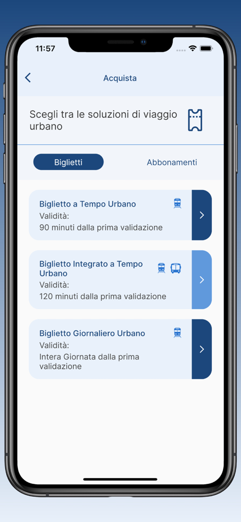 Captura de pantalla de la aplicación FCE Catania que muestra las opciones de billetes de transporte urbano, incluyendo pases por tiempo y diarios