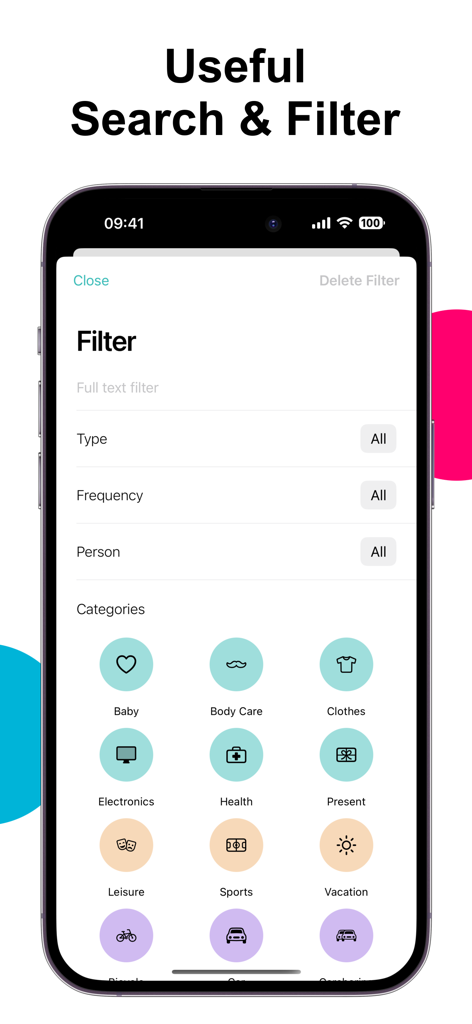 Search and filter interface of Monee budget app showing expense categories like health and clothes