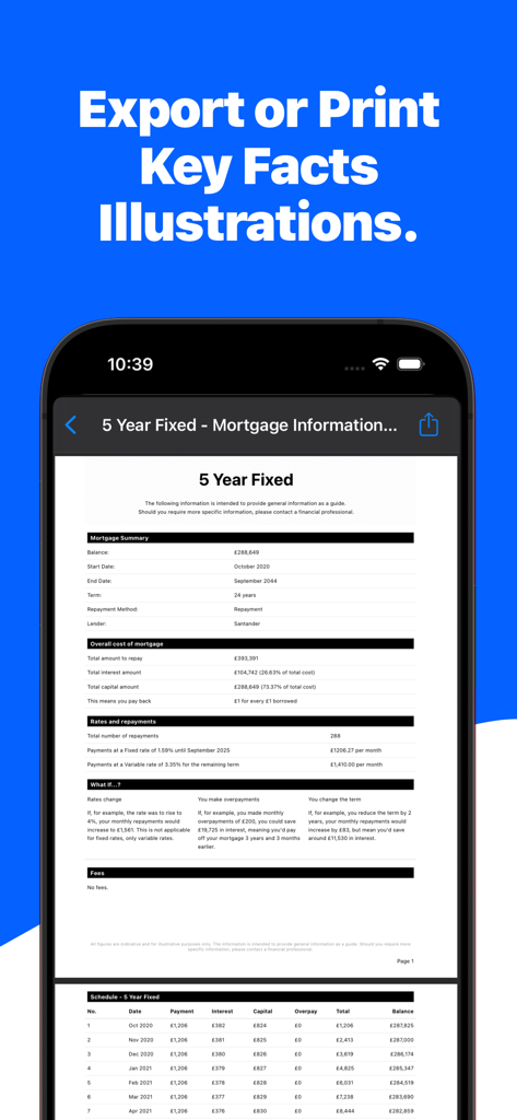 Mortgage Calculator: Mortgages - Mortgage app interface displaying a detailed PDF export of mortgage key facts and repayment schedule.