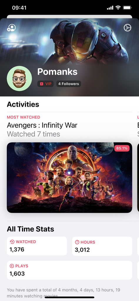 Popcorn Movies - Panel de perfil de usuario en la aplicación Popcorn Movies que muestra estadísticas de películas de todos los tiempos y el historial más visto.