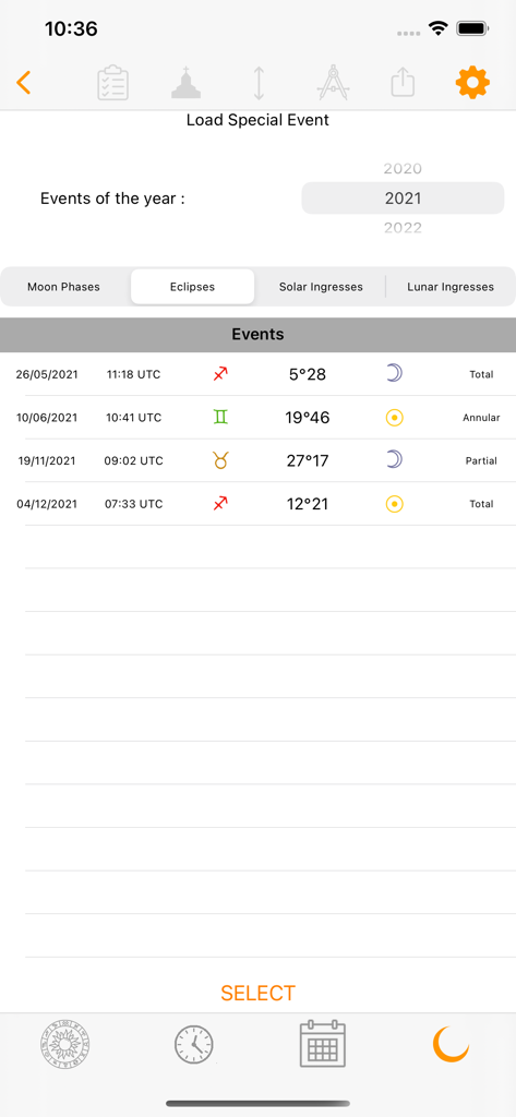 Olympia Astrology - 2021年の太陽および月食の日付と天文データを示す技術的なリスト。