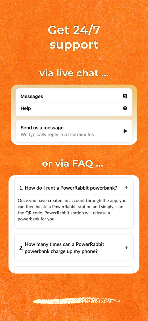 PowerRabbit: powerbank sharing - PowerRabbitアプリのインターフェース、24時間年中無休のカスタマーサポートおよびFAQセクションが表示されている