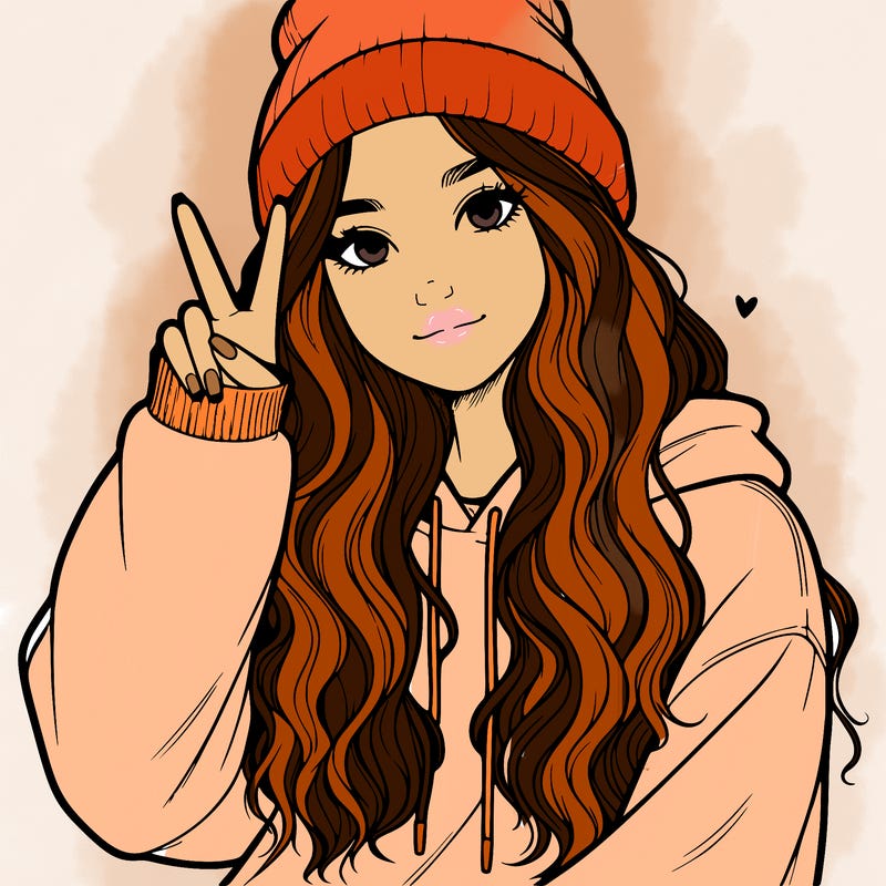 a teenage girl in a beanie, oversized sweatshirt, wavy long hair, and is showing a ✌️