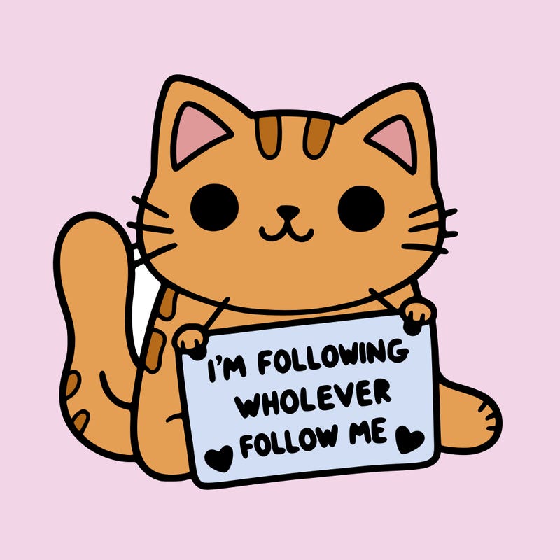 cat with a sign that says i’m following whoever follows me