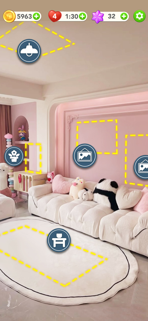 A cozy living room decoration scene in the Makeover Tile mobile app