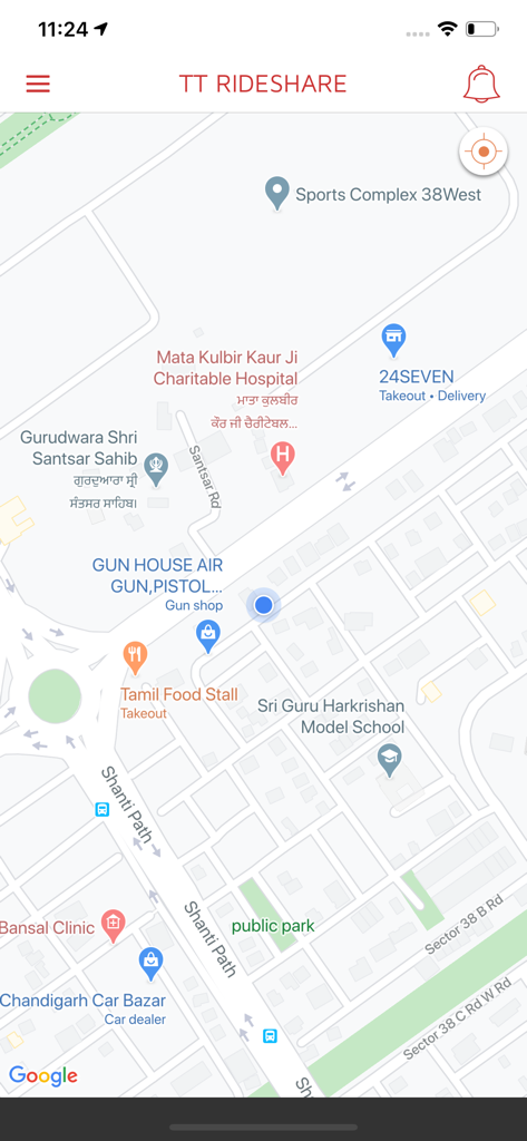 TT RideShare Driver - Map view showing navigation and nearby locations in the TT RideShare Driver app