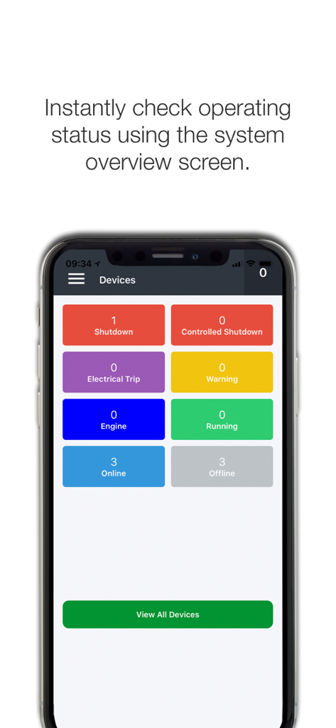 DSE WebNet® - DSE WebNet system overview screen displaying real-time status counts for shutdowns, warnings, and running engines.