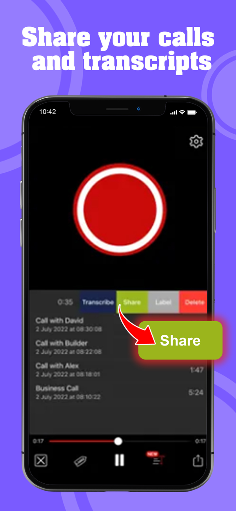 Interface of Calls Recorder app showing call history and options to share or transcribe recordings.