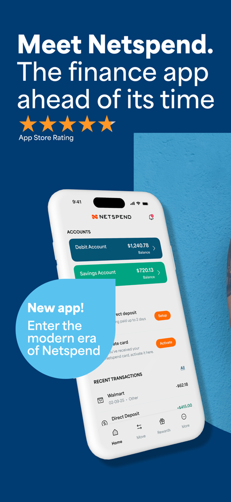 Netspend Wallet mobile app interface on a smartphone screen showing debit and savings balances