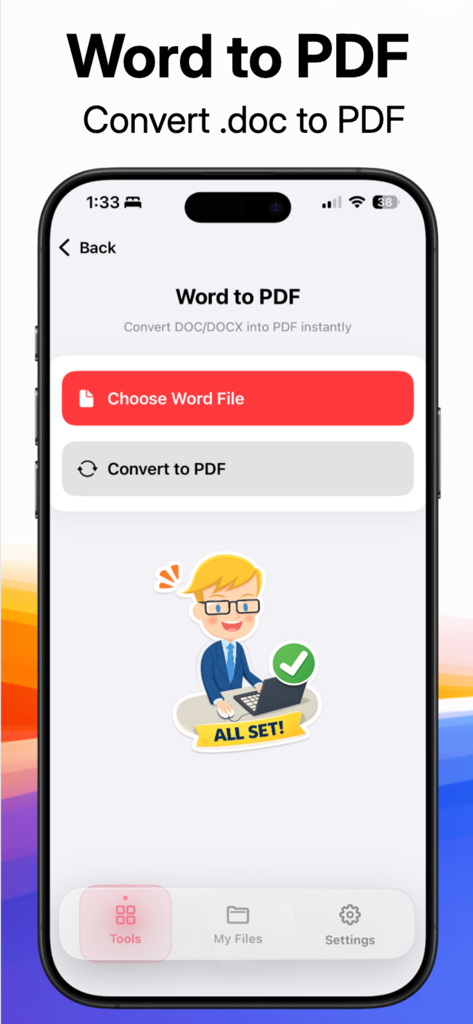 Pantalla de la aplicación móvil para convertir documentos de Word a archivos PDF.