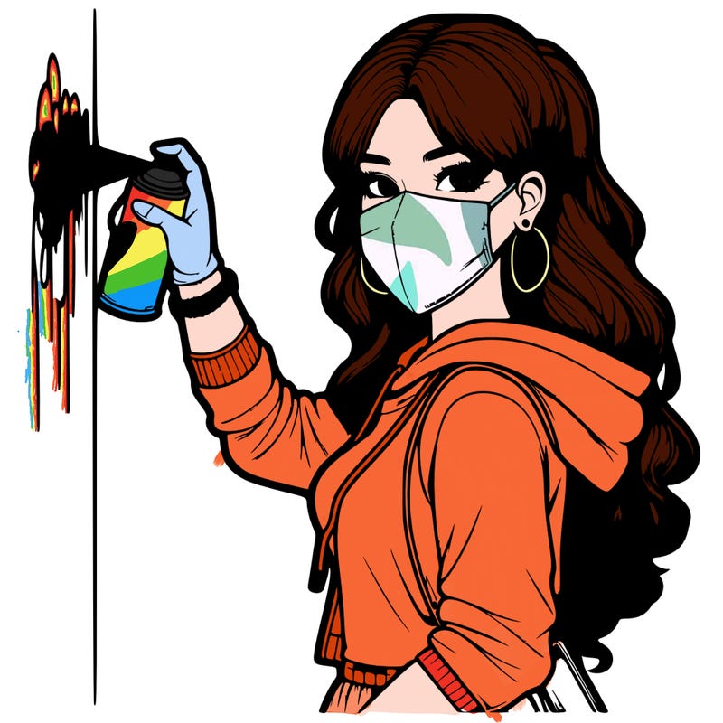 realistic girl with mask spray painting a wall
