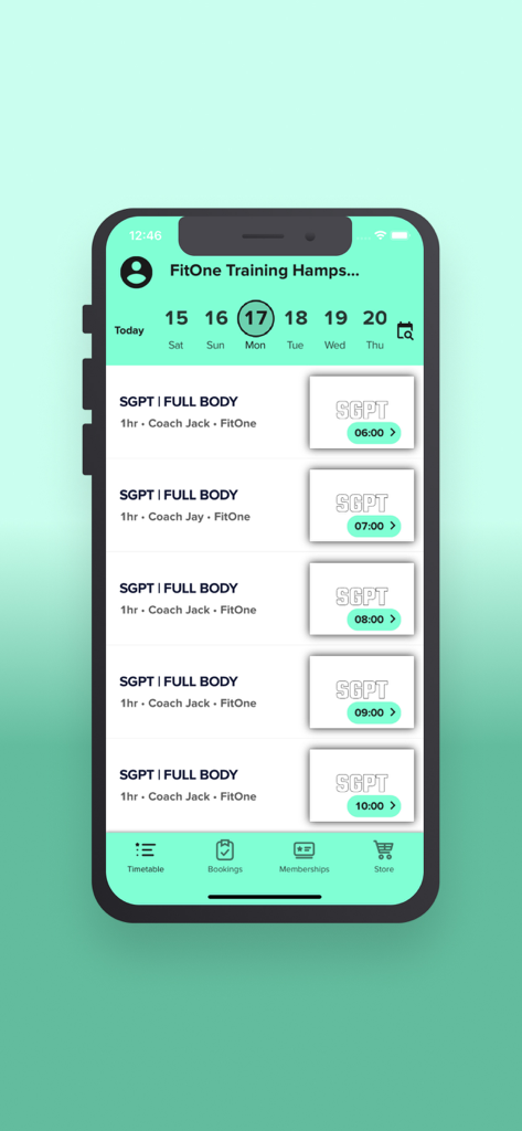FitOne Training - FitOne Training app timetable showing daily fitness class schedule