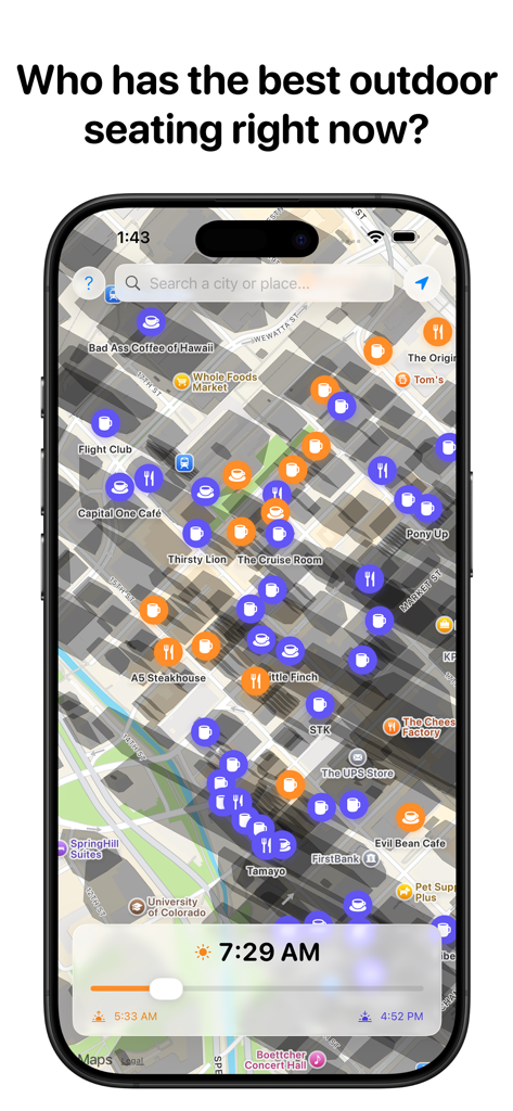 SunnyPints - SunnyPints app map interface showing sunny and shaded outdoor seating options