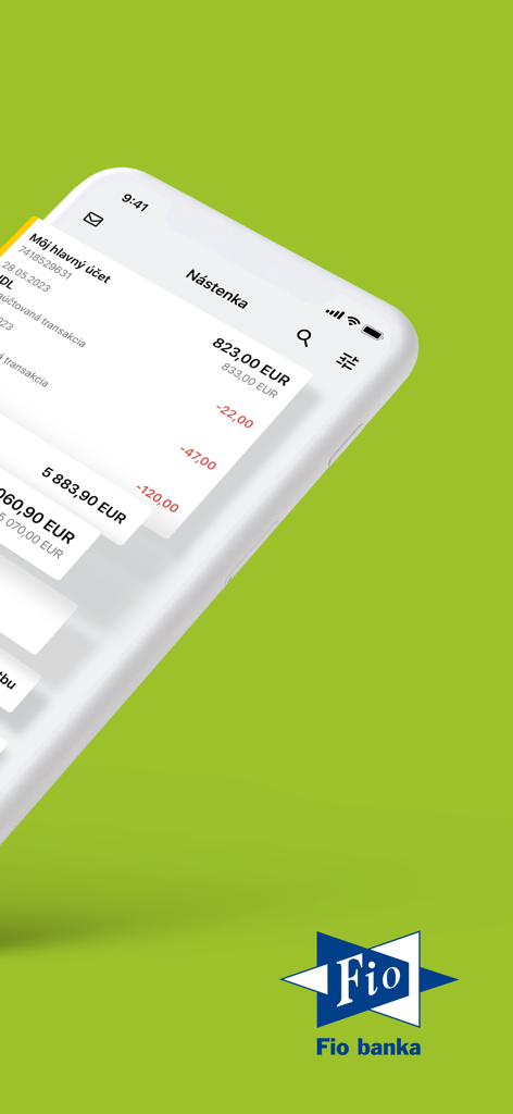 Painel do aplicativo móvel Fio Smartbanking SK mostrando saldo da conta e histórico de transações em um smartphone