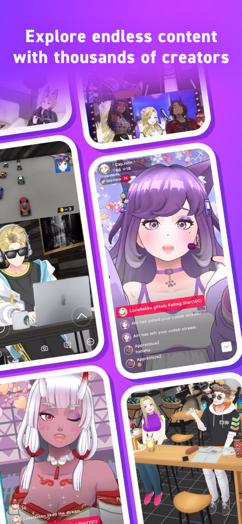 Diversi avatar anime che socializzano e fanno streaming in un mondo virtuale 3D