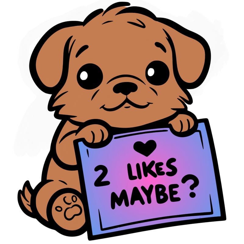 a puppy holding a sign that says 2 likes maybe?