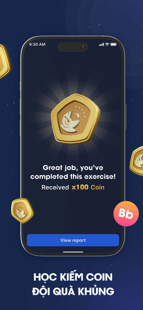 Fsel - Learning English - Écran de récompense de l'application d'apprentissage de l'anglais Fsel montrant 100 pièces pour avoir terminé un exercice de langue anglaise