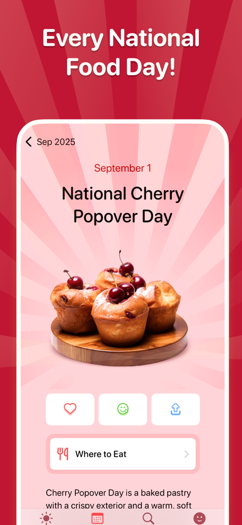 Food Holidays Calendar - Tela do iPhone exibindo o Dia Nacional do Cherry Popover com fotos de alta qualidade de pastelaria e opções de planejamento de refeições