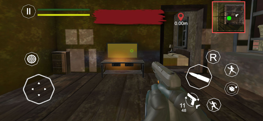 Zombie Games Survival Shooting - Jugabilidad de disparos en primera persona que muestra una pistola en un entorno de supervivencia interior con controles de juego móvil