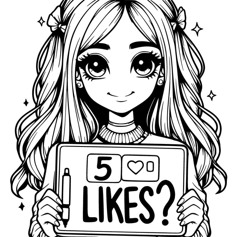 a realistic girl holding a sign that says "5 likes?"