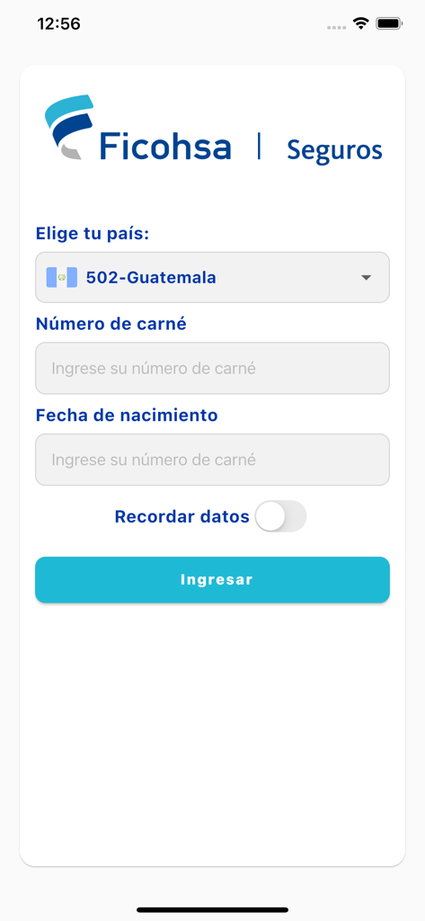 Ficohsa Seguros - Écran de connexion de l'application mobile Ficohsa Seguros avec sélection du pays et champs d'identification.