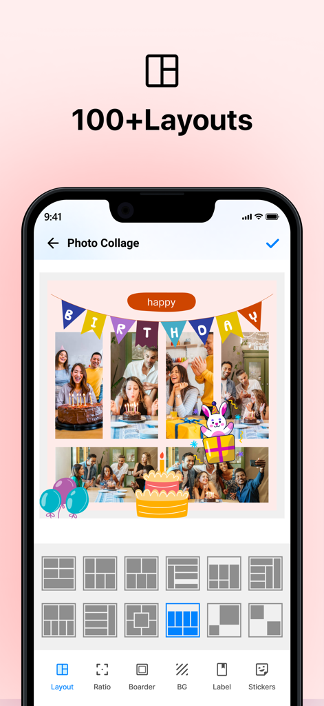 Photo Collage Maker & Stickers - La pantalla de un smartphone que muestra la aplicación Creador de Collages de Fotos con un collage temático de cumpleaños y varias opciones de diseño de cuadrícula.