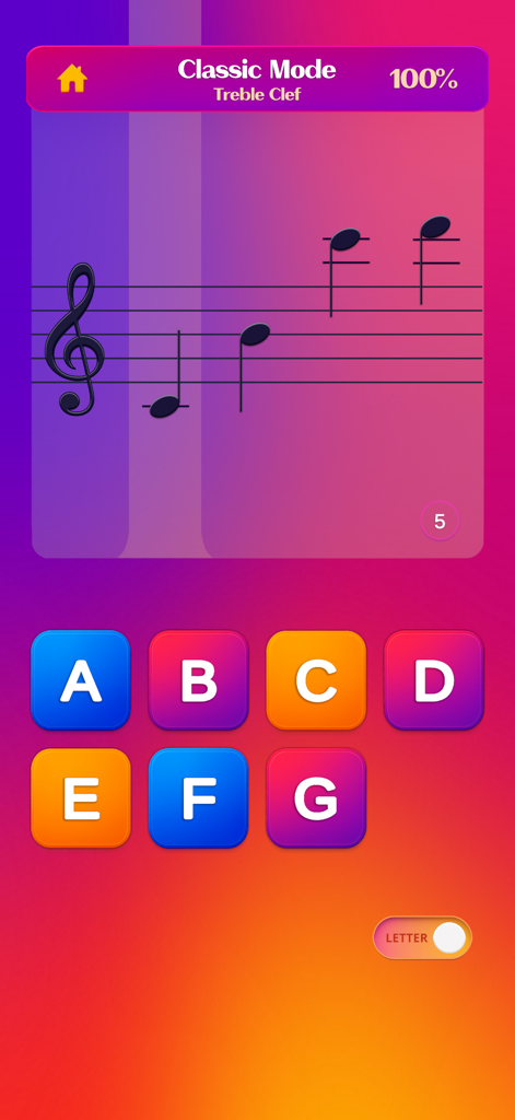 Note Trainer - Note Trainer app screen showing a music staff with treble clef notes and letter buttons for identification