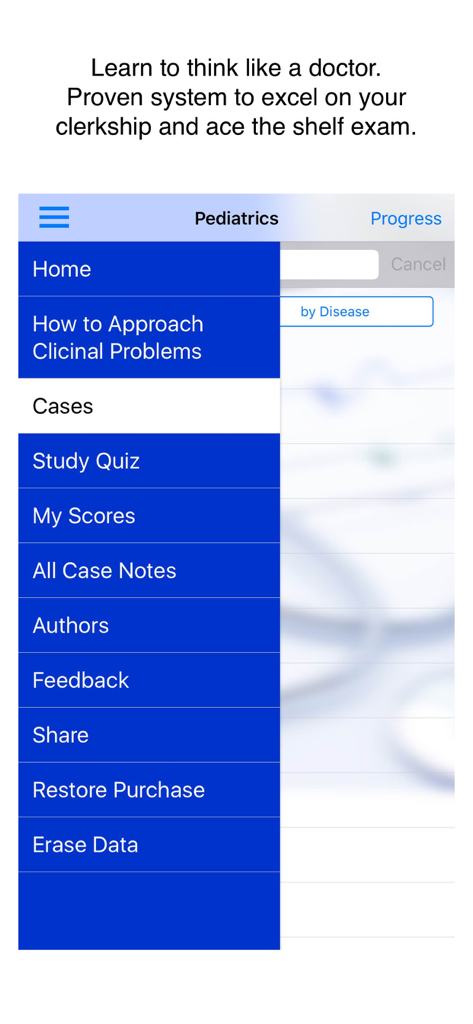 Case Files Pediatrics, 6e - Case Files Pediatrics app interface showing the side navigation menu with study and case options