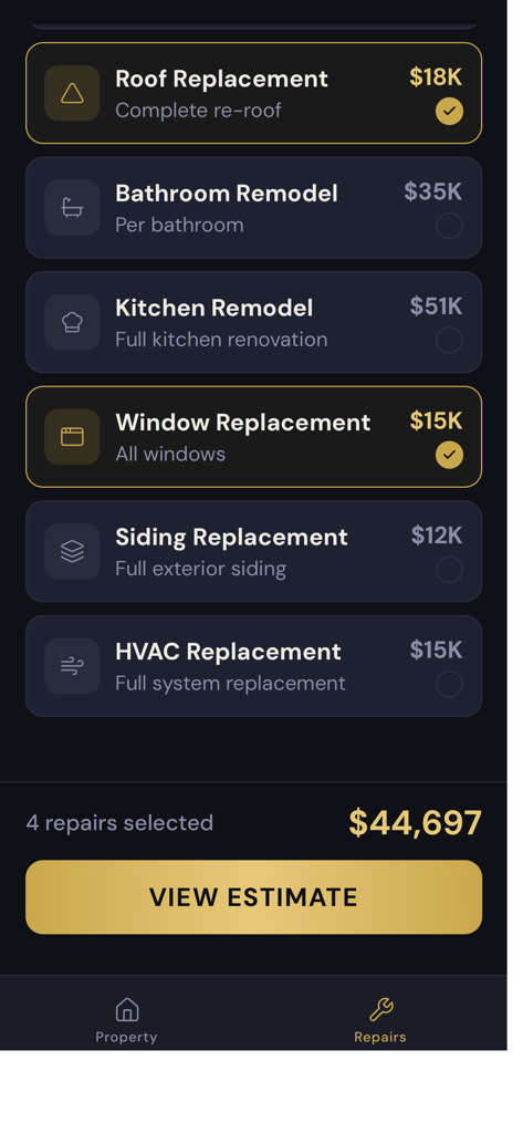 Instant Repairs - Mobile app screen showing a list of home repair categories and estimated costs for real estate agents