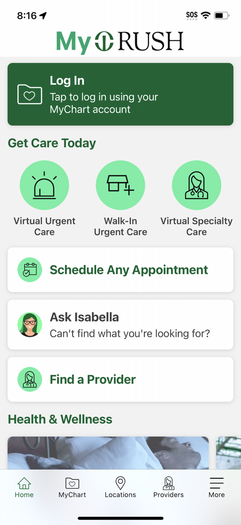 My Rush - Home screen of the My Rush healthcare app showing login and care options