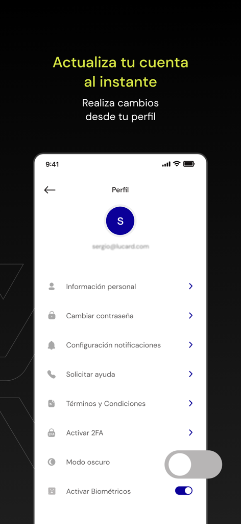 Lucard MX - User profile and account settings screen of the Lucard MX fintech app showing security and notification options