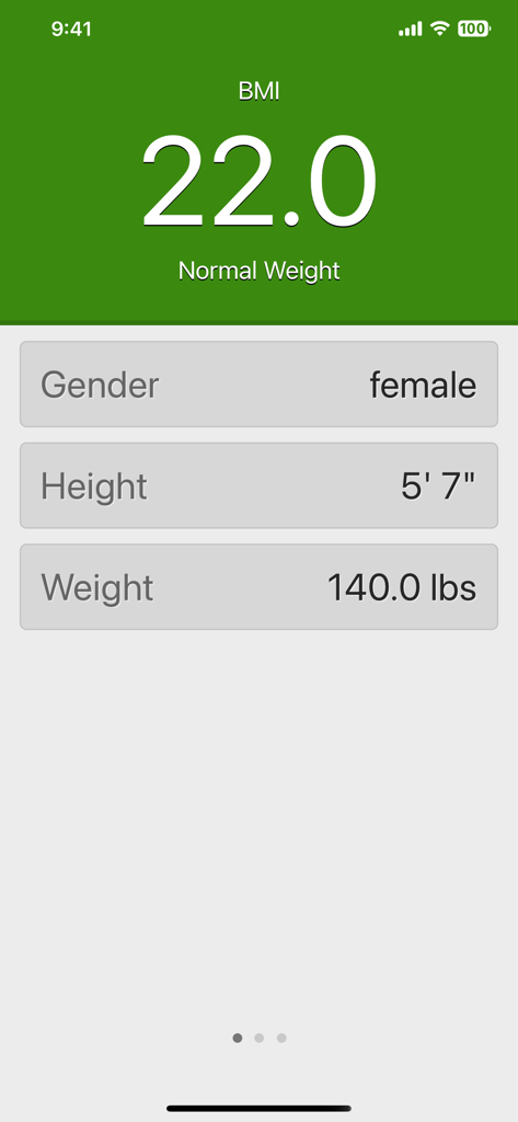 BMI Calculator for Weight Loss - Calcolatore IMC che mostra un punteggio di peso normale di 22.0