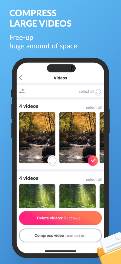 Cleaner Pro - Cleanup - Cleaner Pro app interface showing the option to compress large videos to free up phone storage space.