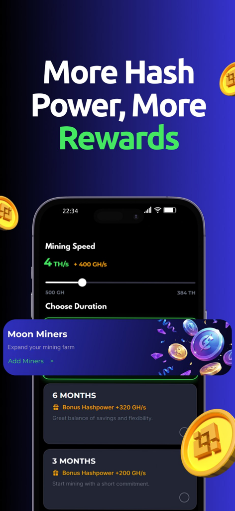 Una pantalla de aplicación móvil que muestra opciones para aumentar la potencia de hash de minería y seleccionar planes de suscripción para recompensas de Bitcoin