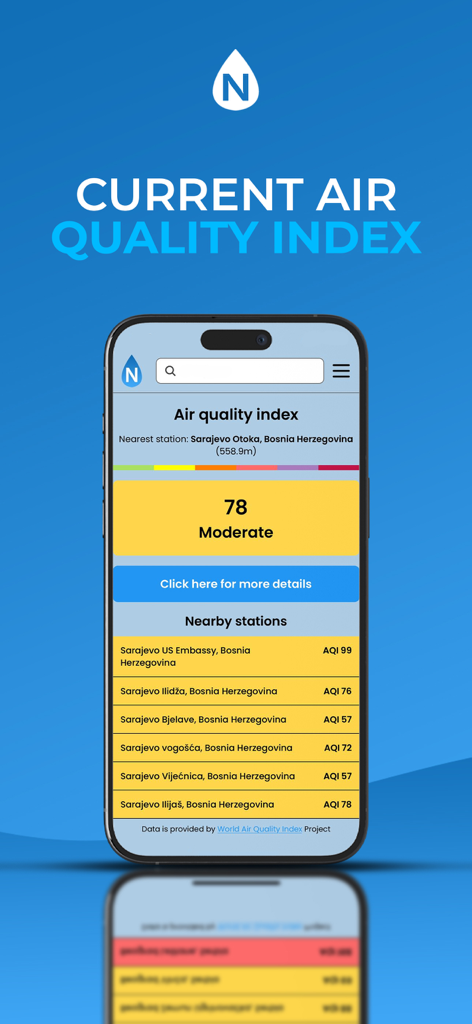 Novo Weather - Novo Weather app displaying current air quality index and nearby stations on an iPhone
