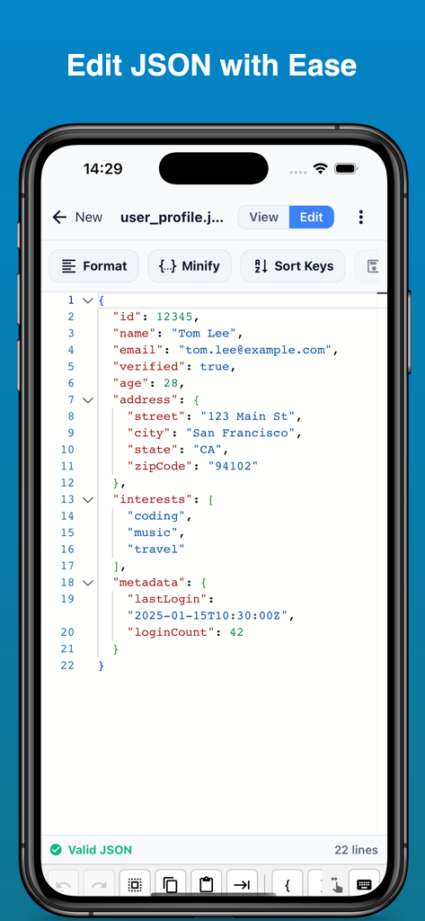 Application mobile JSON Viewer and Editor affichant l'édition de code avec coloration syntaxique et validation