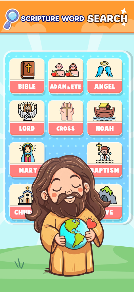 Bible Word Search Puzzle Games - Menu do jogo de busca de palavras de escrituras mostrando vários níveis bíblicos e uma ilustração de desenho animado de Jesus segurando a Terra