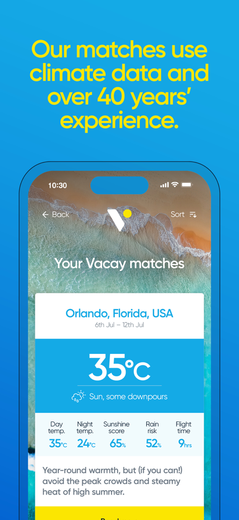 Vacay Weather - Aplicación Vacay Weather mostrando una coincidencia de vacaciones para Orlando Florida con datos climáticos detallados y temperatura