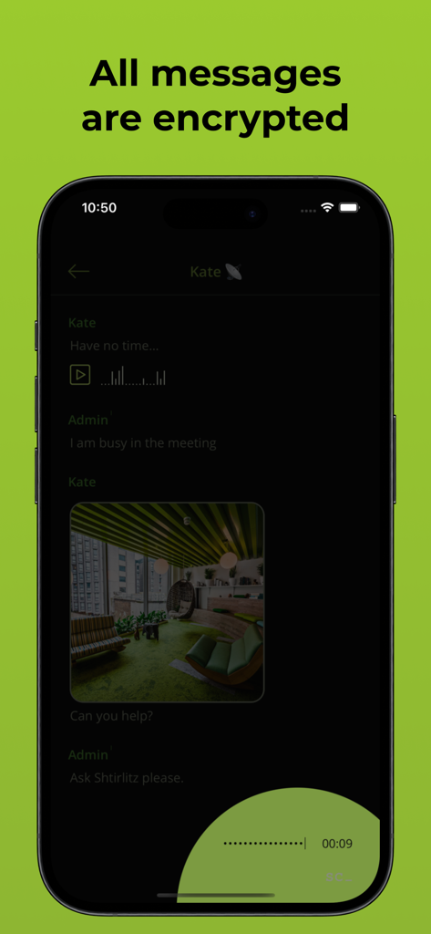 Captura de tela do aplicativo móvel SpyChat mostrando uma interface de chat com o texto Todas as mensagens são criptografadas.