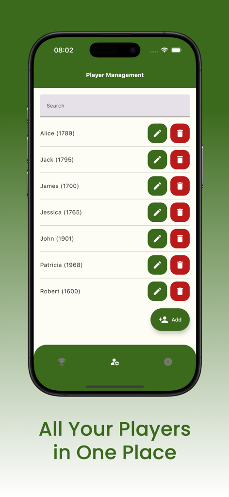 Chess Tournament Manager Pro - Interfaz de la aplicación móvil de la pantalla de Gestión de Jugadores que muestra una lista de jugadores de ajedrez con sus calificaciones Elo y opciones de edición.