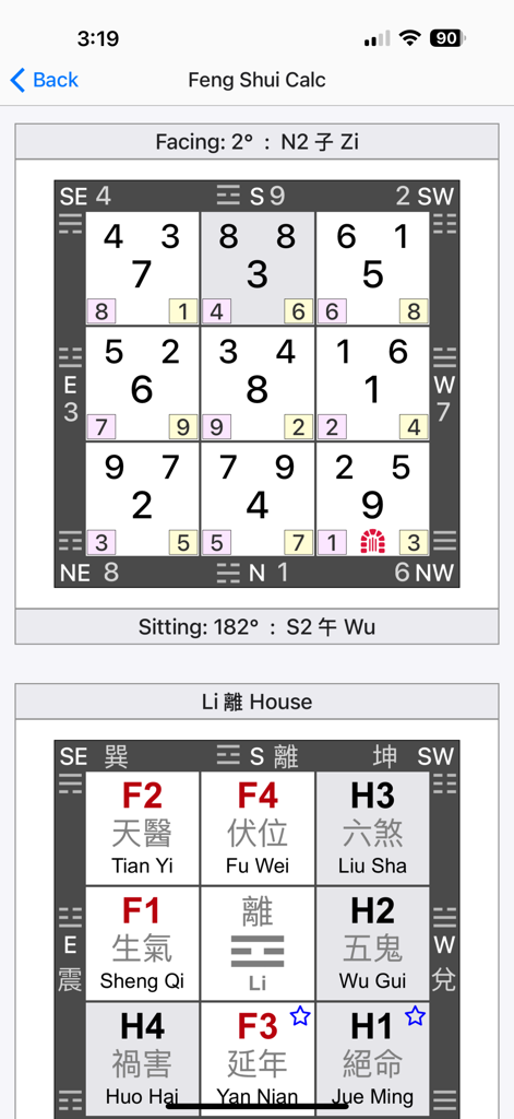Professional Feng Shui Master app interface displaying Flying Stars and Ba Zhai house analysis charts.