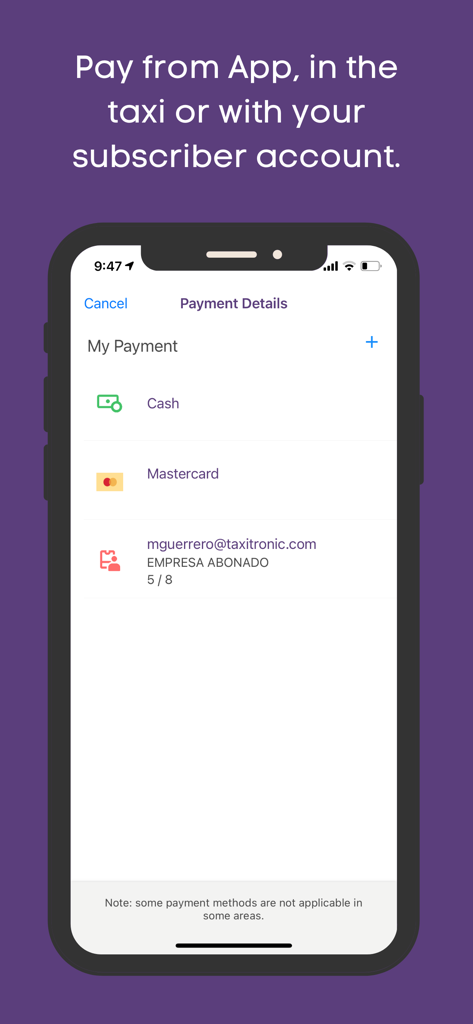 Taximes app payment details screen showing options for cash, Mastercard, and business subscriber accounts.