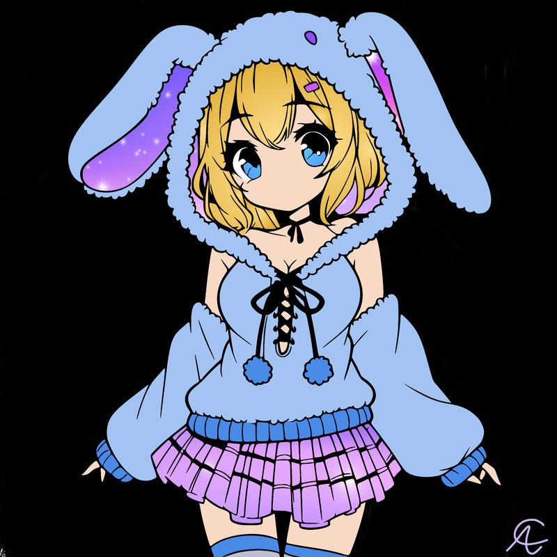 pretty anime girl wearing a fluffy hoodie with bunny ears on the hood and a skirt