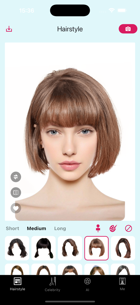 AIアプリを使って、ミディアム丈のブラウンボブヘアスタイル（前髪あり）をバーチャルでお試し中の女性