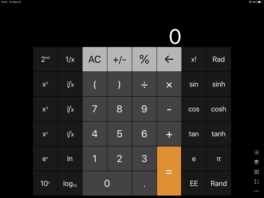 Scientific calculator app interface for iPad with dark theme